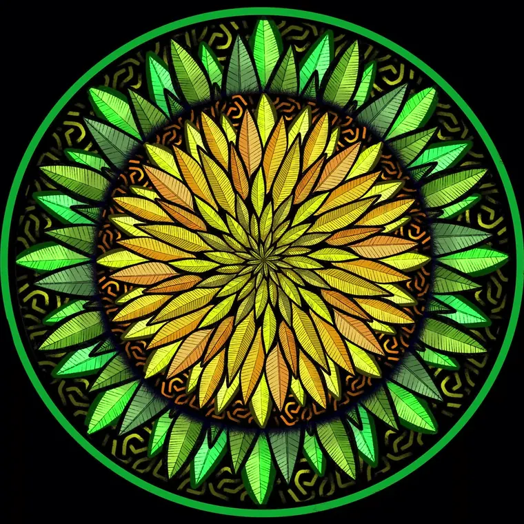 Mandala de folhas verdes e amarelas da capa oficial de Da Da On, no centro de um disco de vinil